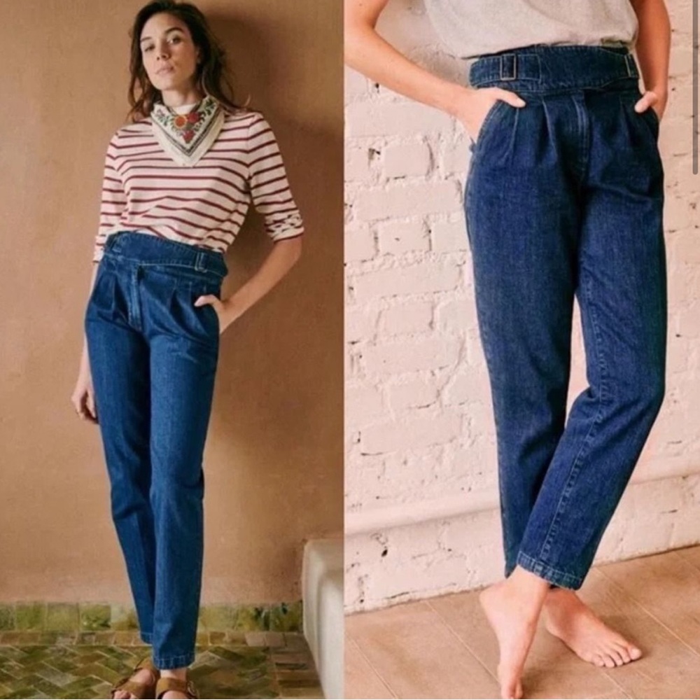 Sezane - women’s Francky trousers pleated paperbag high rise blue denim pants 4